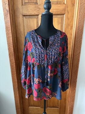 Daniel Rainn Navy Floral Peasant Tunic with Red and Green Accents